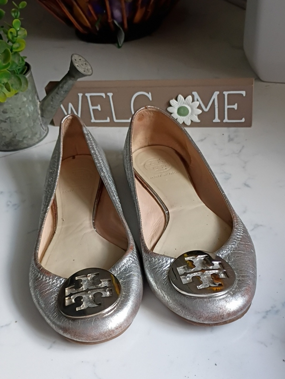 Tory Burch Metallic Silver Logo Round-Toe Ballet Flats